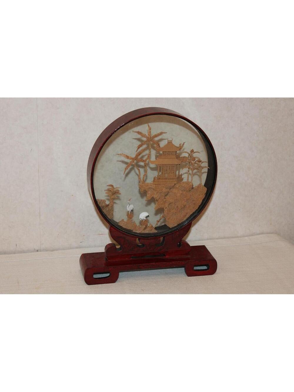 Vintage Oriental Carved Cork Diorama with Cranes